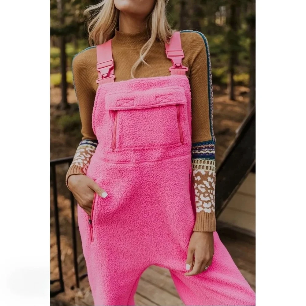 Zaful Bright Pink Sherpa Overalls for Women - Picture 1 of 9